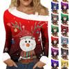 Women's Casual Fashion Sexy Off-Shoulder Collar Christmas Pattern Long Sleeve Crewneck T-Shirt Top
