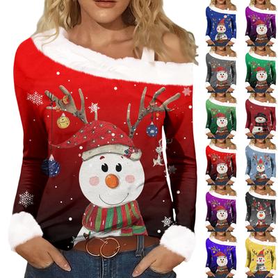 Женская повседневная модная сексуальная футболка с открытыми плечами, рождественским узором, длинным рукавом и круглым вырезом