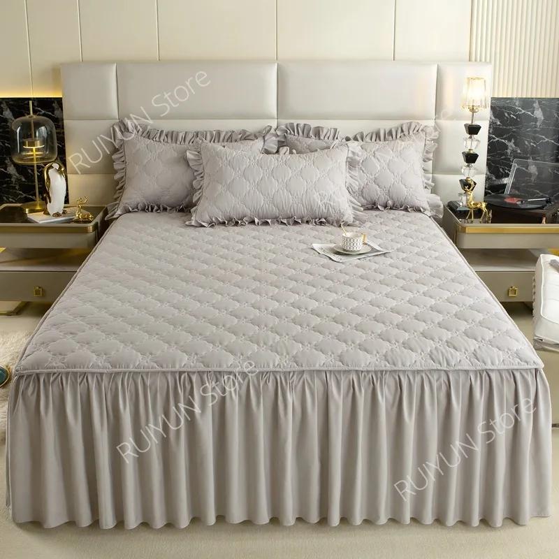 Утолщенная юбка с однотонной хлопковой подкладкой, нескользящий наматрасник, защитный чехол на кровать, постельное белье, юбка с рюшами для односпальной двуспальной кровати