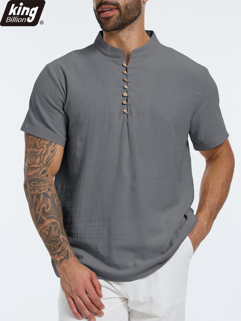 Летняя Новая Мужская Хлопково-Льняная Футболка с Коротким Рукавом Дышащая Легкая Однотонная Мужская Модная Футболка Хенли с Пуговицами