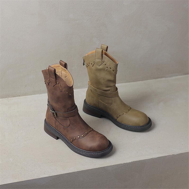 Модные женские ботинки из спилка на осень-зиму, модные ботинки с заклепками и круглым носком для женщин, короткие женские ботинки, женские ботинки на низком каблуке в западном стиле