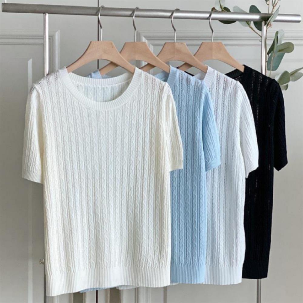 New Arrivals Open Run Women Solid Cable Pattern Round Neck Short Sleeve Knit