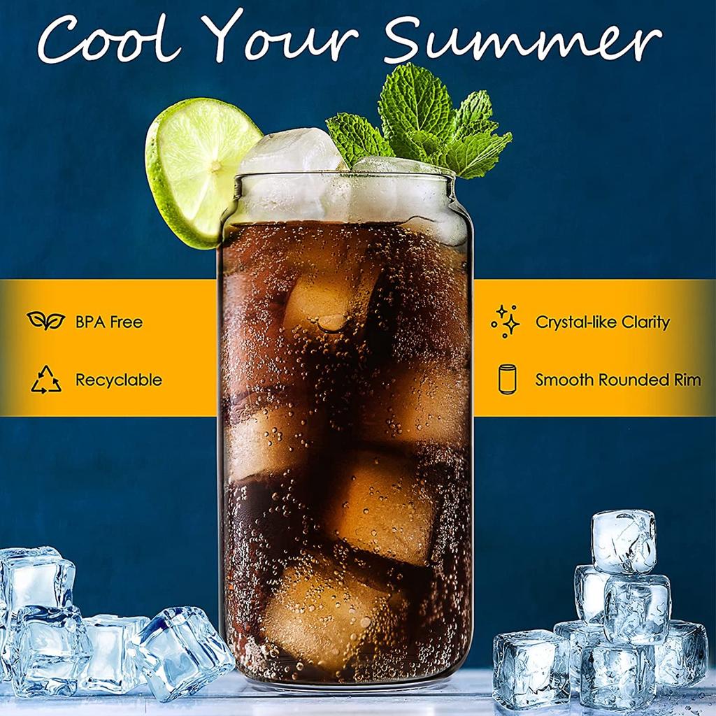 Набор из 4 стеклянных стаканов для колы, банок с бамбуковой крышкой и соломинками, многоразовые стаканы для питья, пивные банки, стаканы для кофе, молока