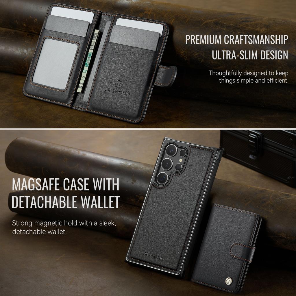 Cowhide Leather Phone Case for Samsung Galaxy S26 Ultra S25 Edge S24 Plus S23 FE S22 S21 S20 Note20 Detachable Magnetic Card Bag