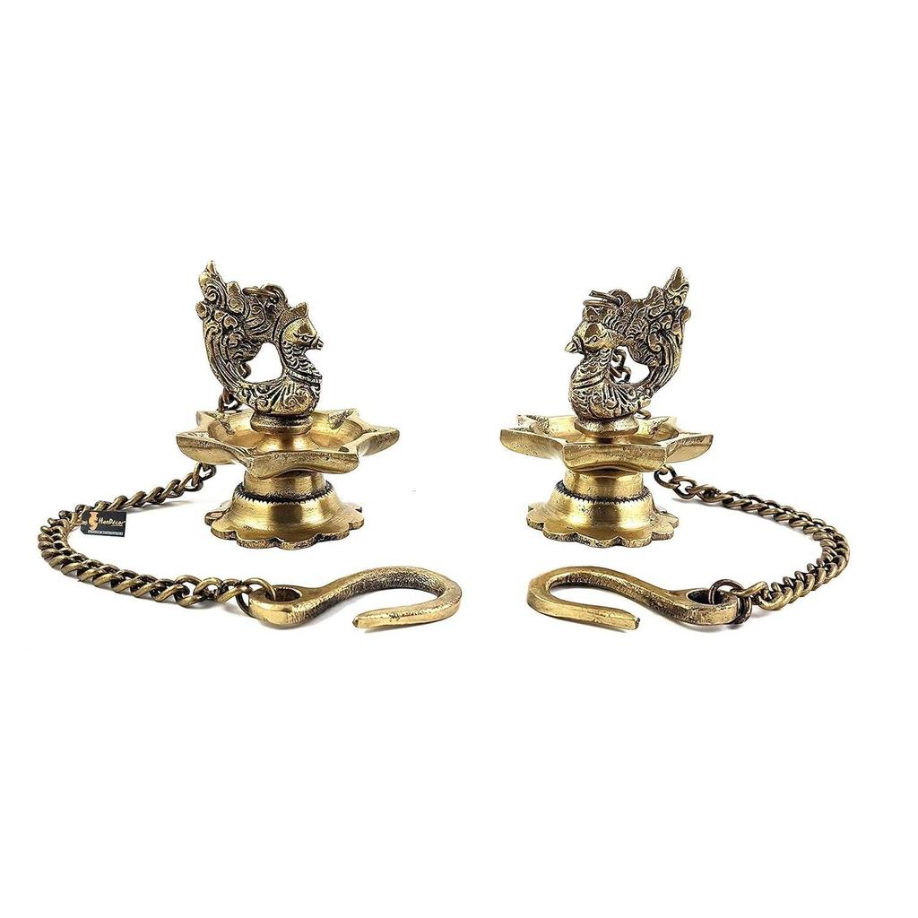 Brass Peacock Carved Hanging Diya Set, Antique Yellow -Pack of 2, Standard New