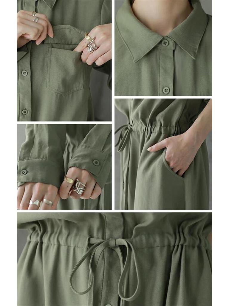 Женское весенне-осеннее платье-макси рубашечного кроя с отложным воротником - Длинный рукав, Однотонное, Повседневное
