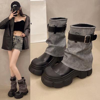 Туфли на плоской подошве женские ботинки челси средней длины модные ковбойские туфли на платформе новые зимние дизайнерские мотоциклетные ботинки женские