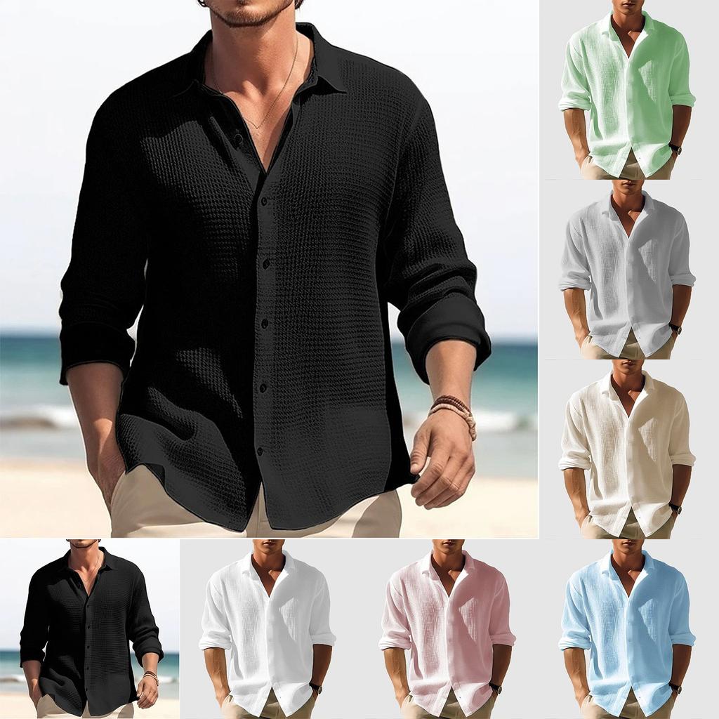 Men's Autumn Solid Color Long Sleeve Shirt Men's Casual Loose Button Long Sleeve Shirt