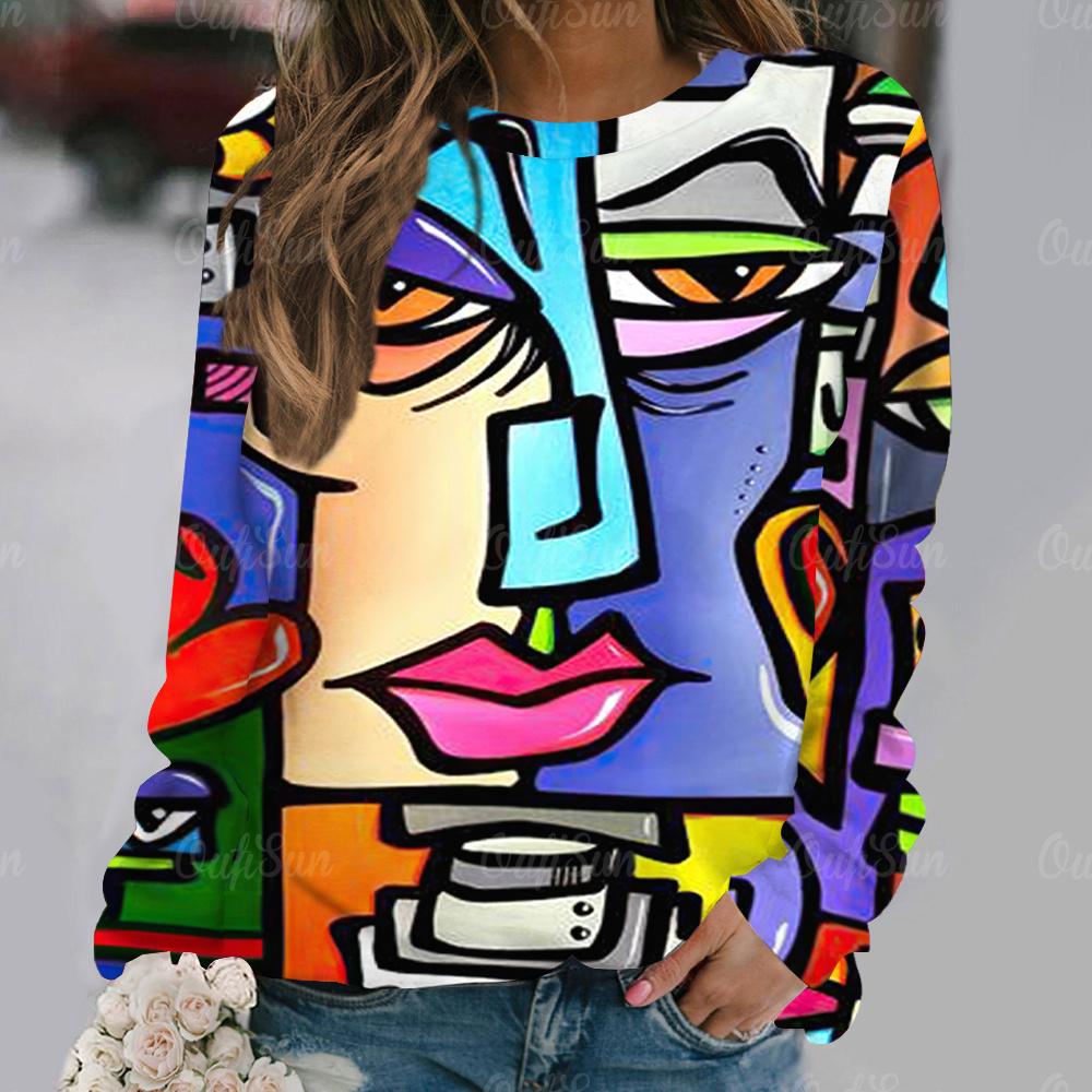 Геометрия Абстрактные принты Женские футболки Винтажное искусство Длинные рукава Футболки Осенняя повседневная женская одежда Свободные повседневные уличные топы