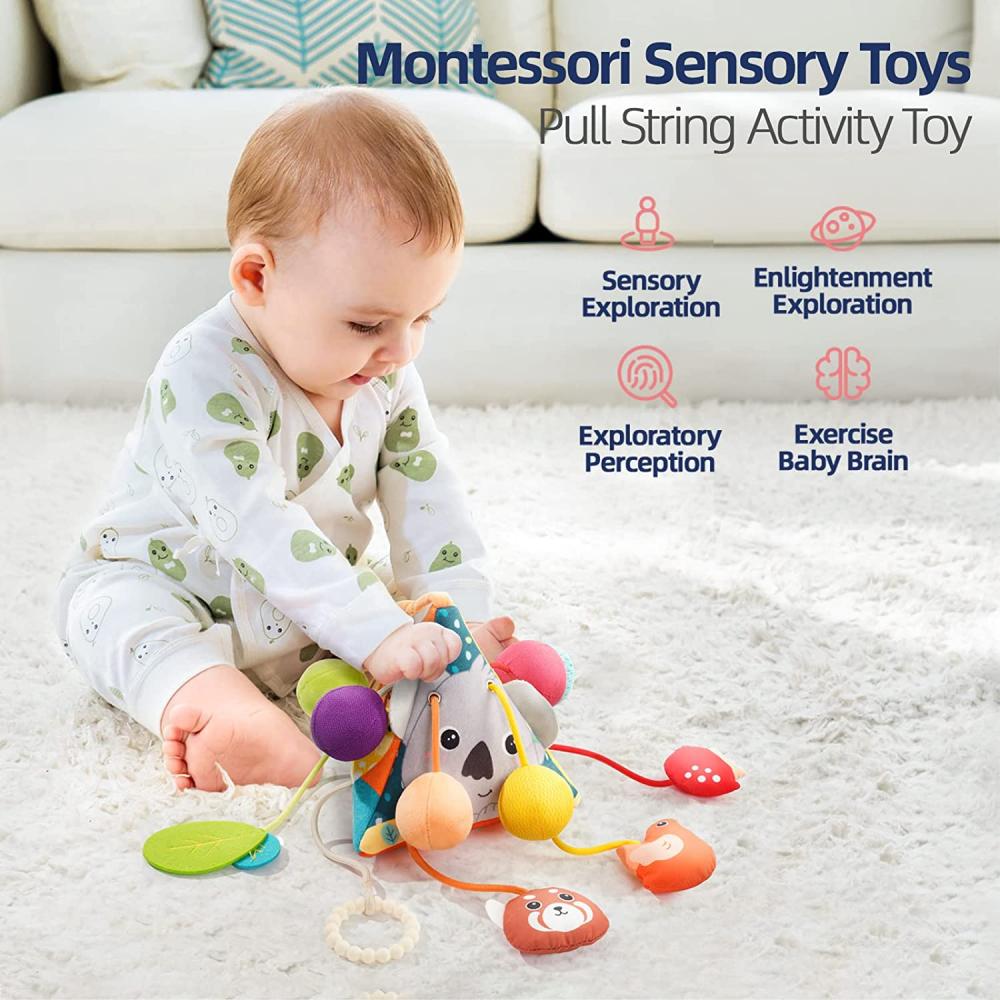 Baby Pull String Activity Plush Toy Crib Stroller Triangle Bell Hanging Rattle Toys with Teether & Squeaker Fine Motor Skills Development Toys Jungle