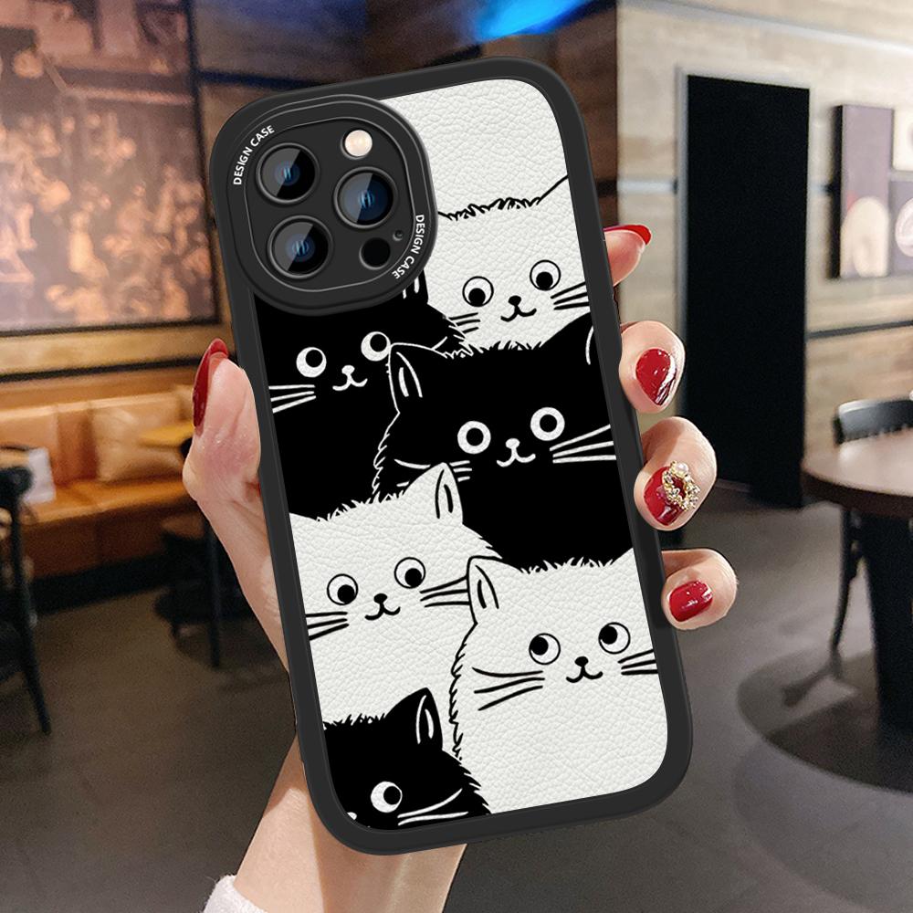 Тонкий кожаный чехол с рисунком черно-белых кошек, мягкий силиконовый чехол из искусственной кожи для iPhone Samsung Huawei Honor Xiaomi Redmi OPPO Realme Vivo