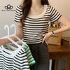 Summer New All-match Striped Square Collar Slim-fit Sweater Short-sleeved Women's Top Fashion Casual T-shirt