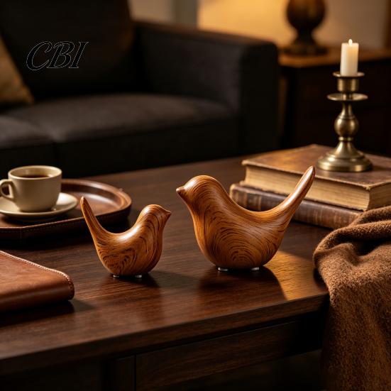 White Ceramic Home Accessories Bird Figurines with Wood Grain Look, Modern Decor Animal Sculptures, Birds Minimalist Abstract Ornaments for