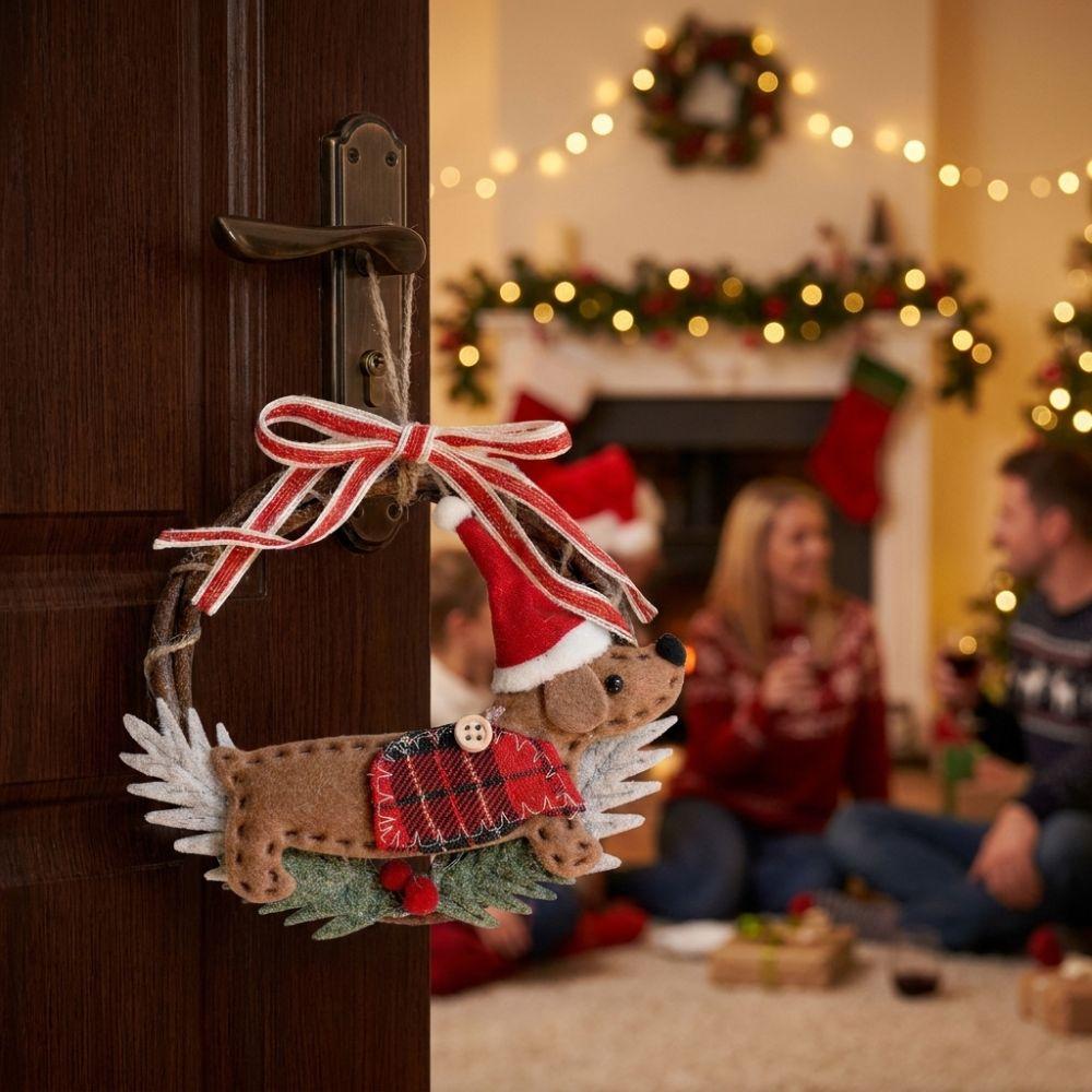 Dachshund Christmas Dog Door Hanger Pine Berry Christmas Bell Wreath Hanger Xmas Party Supplies