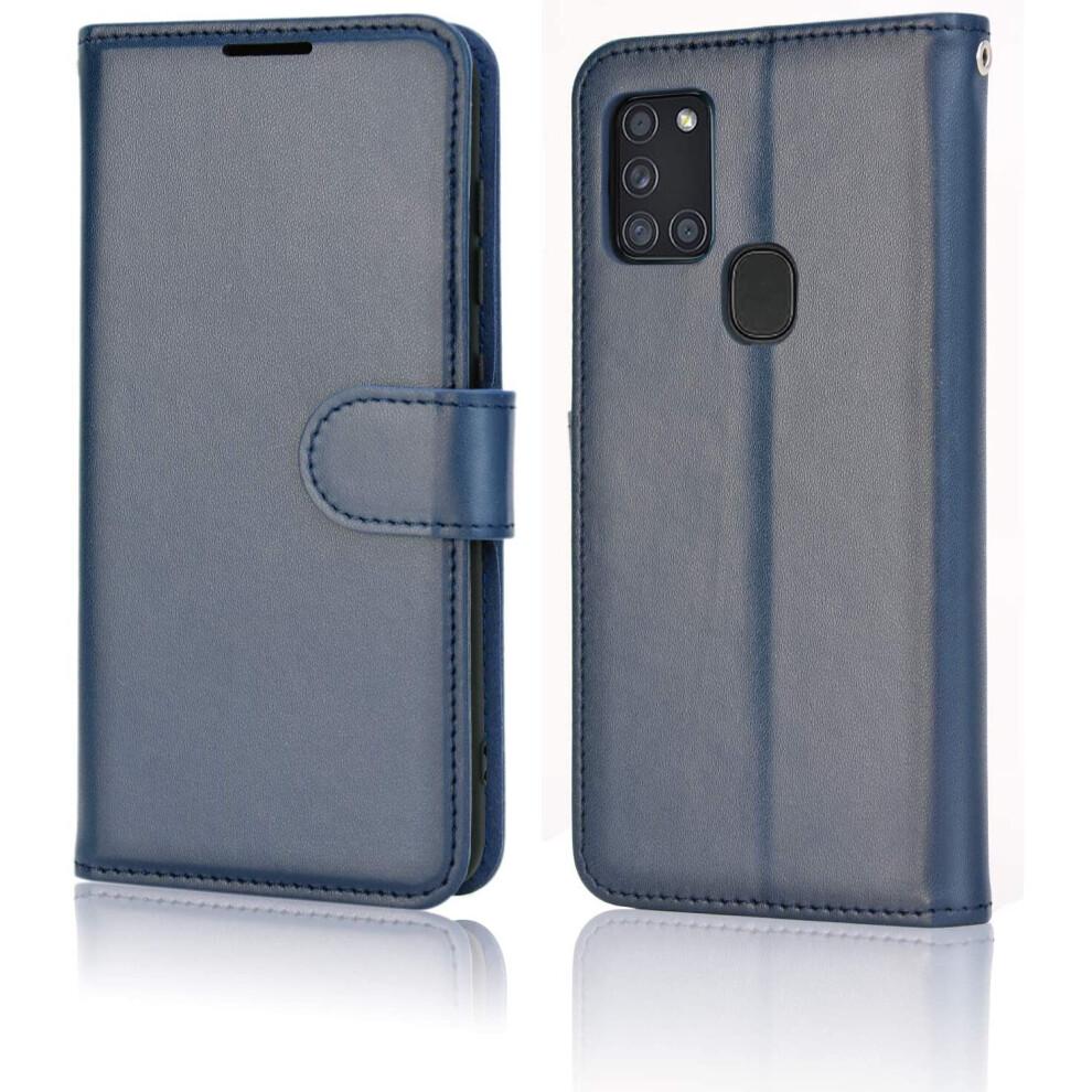 Galaxy A21s Leather Wallet Case - Navy Blue, Flip Cover with 3 Card Slots + Money Pocket, Stand & Wrist Strap, Magnetic Closure 