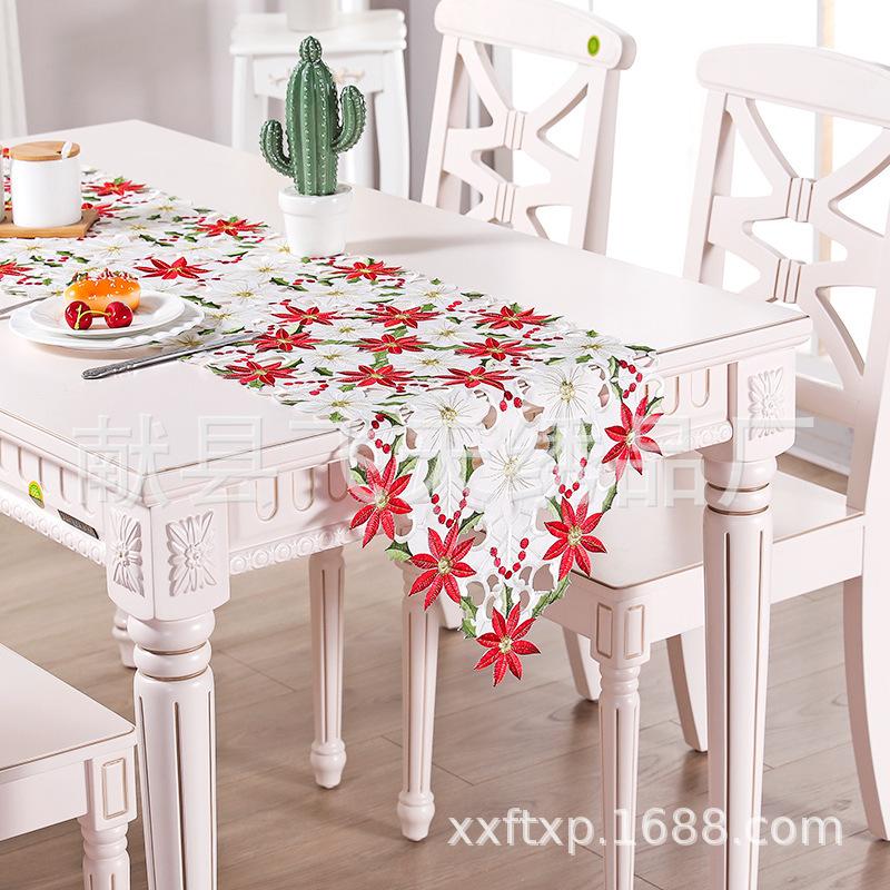 Рождественская вышитая рождественская цветочная скатерть-скатерть-дорожка, новая полая подставка для столовых приборов из полиэстера