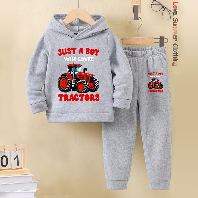 2 шт. Комплект толстовок для мальчиков Мотоцикл Экскаватор дорожная Машина Термальный Длинный рукав Спортивные штаны Комплект толстовки Идеальный подарок Повседневная уличная одежда