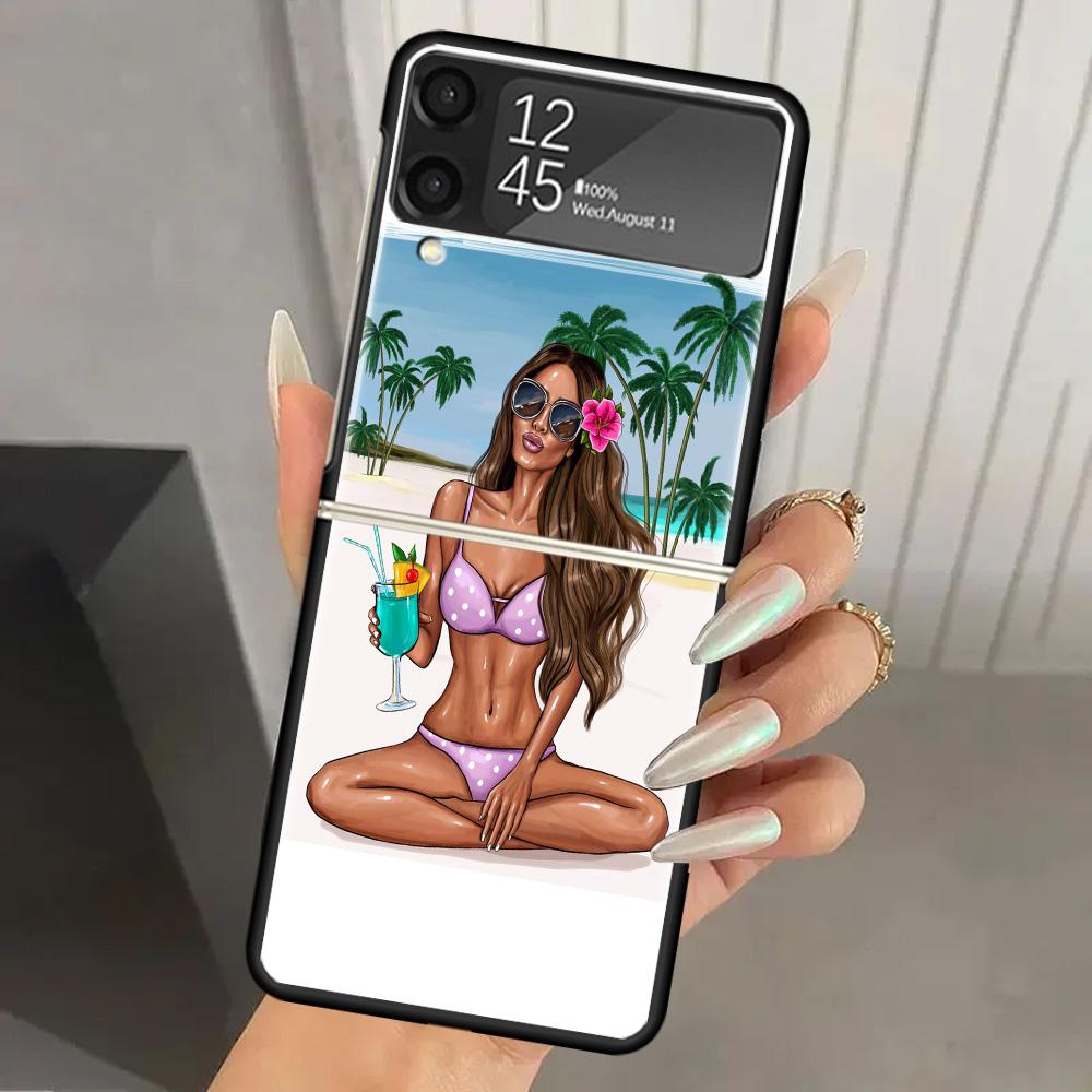 Чехол для телефона Samsung Galaxy Z Flip 6 5 4 3, жесткий ПК, летний пляжный, с фламинго, черная крышка, ZFlip6 Flip5 Flip4 5G, складной, с принтом