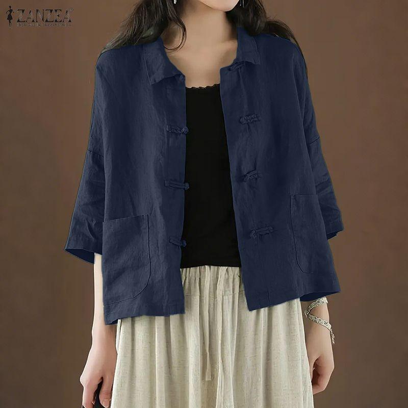 ZANZEA Женская летняя блузка из хлопка с отложным воротником, свободного кроя, с рукавом до локтя