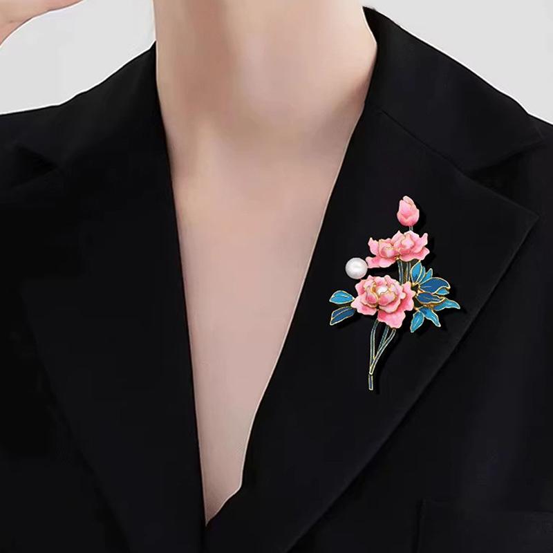 Chinese Style Enamel Peony Flowers Brooches For Women Clothing Coat Party Accessries Gifts