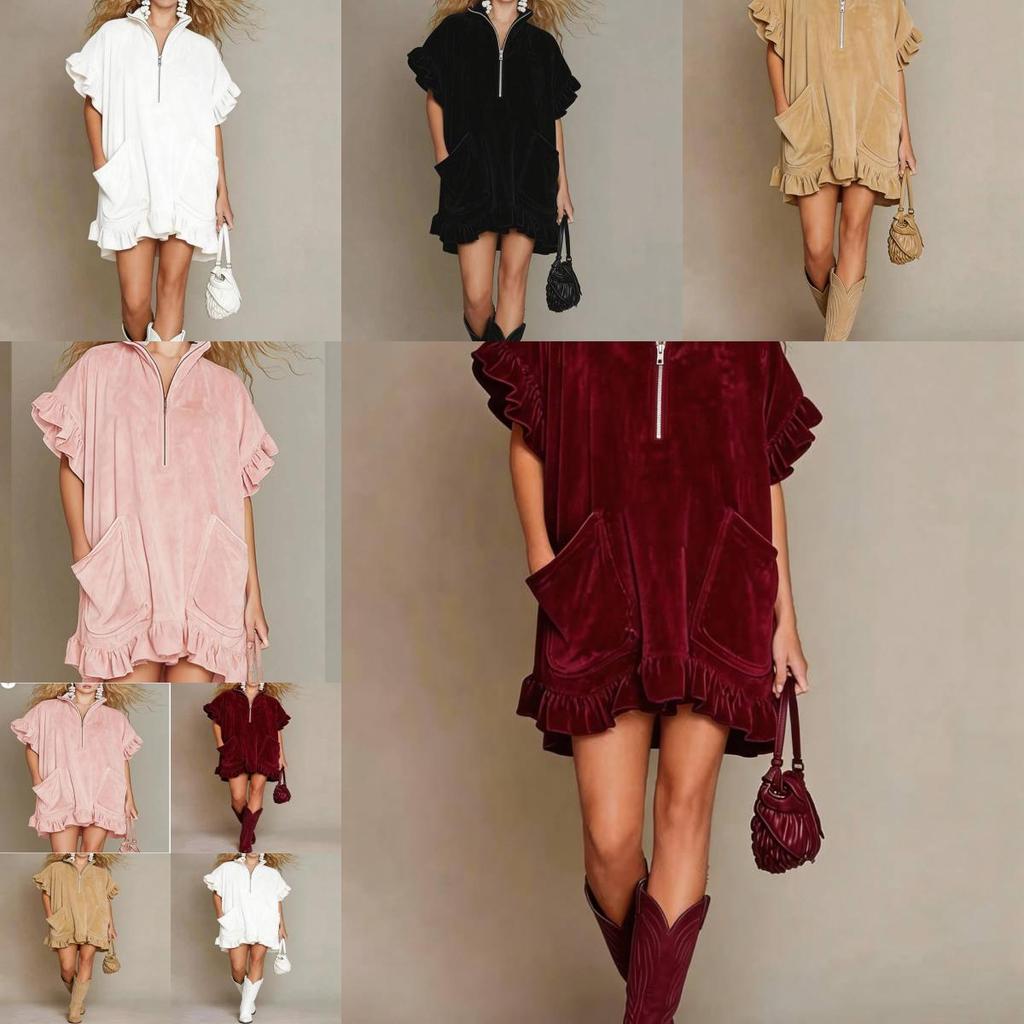 Streetwear A Line Dress With Zipper And Ruffle Sleeves For Casual Travel Or Party
