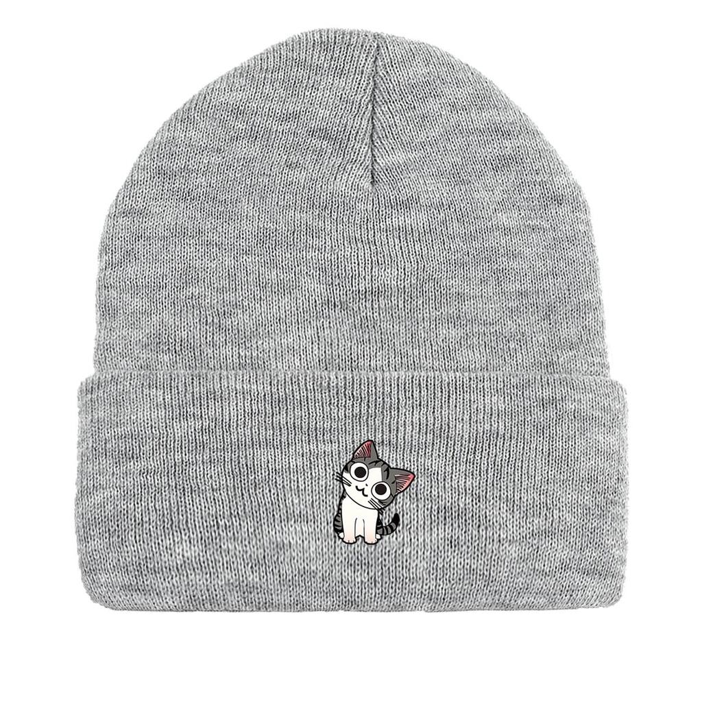 Шапка для девочек с принтом мультяшного кота, теплые зимние шапки для женщин, легкие однотонные ветрозащитные головные уборы, эластичные шапочки Skullies