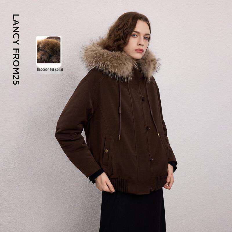LANZHI Women's Raccoon Fur Collar Hooded Short Jacket