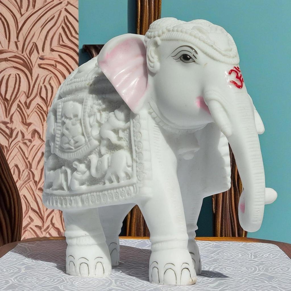 White Elephant Statue Trunk Down Hathi Figurine Big Size 7 Inch Elephant Marble Resin Decorative Showpiece