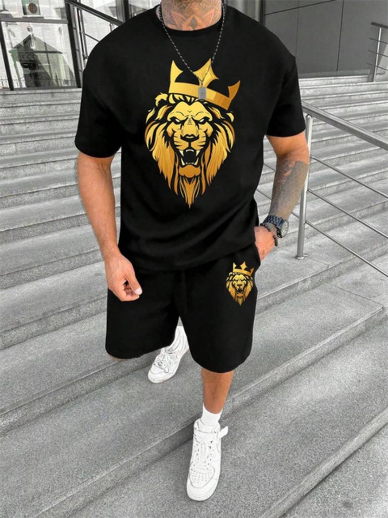Новый комплект из двух предметов: футболка с круглым вырезом и коротким рукавом, модные шорты с принтом льва 3D, шорты с коротким рукавом, мужской летний спортивный комплект из 2 предметов
