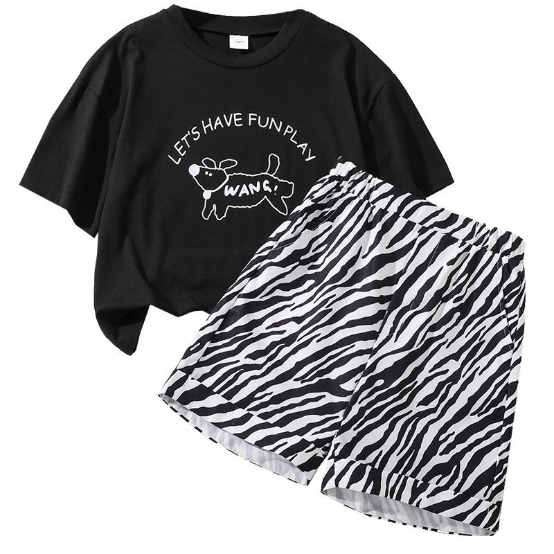 Костюм для девочек, летняя детская одежда, новый топ с короткими рукавами и рисунком в виде мультяшных букв + повседневные шорты с принтом зебры, костюм из двух частей
