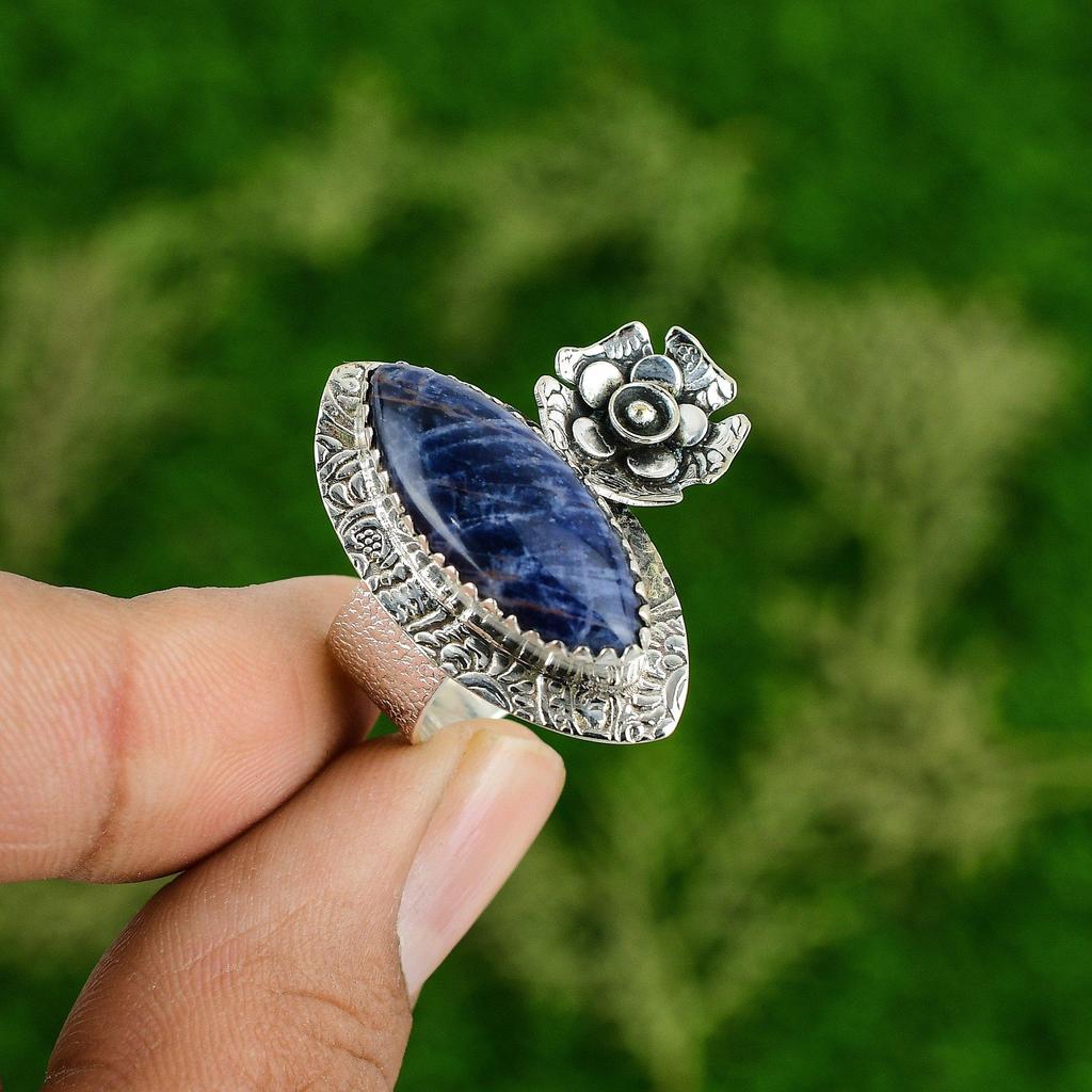 Wedding Gift For Her 925 Silver Natural Sodalite Stackable Flower Ring Size 7