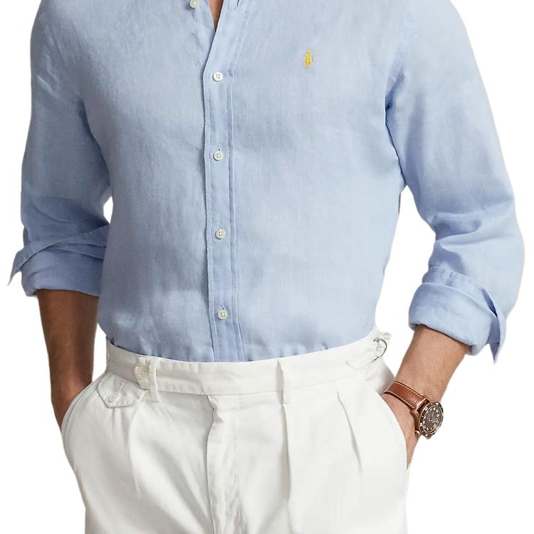 Polo Ralph Lauren FW23 Однотонная однобортная повседневная рубашка с длинным рукавом и вышивкой в виде маленького пони, мужские рубашки синего цвета 710791449-040