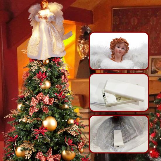 Белое угловое длинное платье для рождественской елки, топпер с перьями и крыльями, светящееся праздничное украшение, платье, многоразовая Рождественская елка, ангел