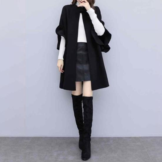 Женское зимнее пальто с рукавами-лепестками, воротником-стойкой, накидкой-трапецией, кардиганом средней длины с открытыми стежкам, шерстяным пальто для улицы, пончо