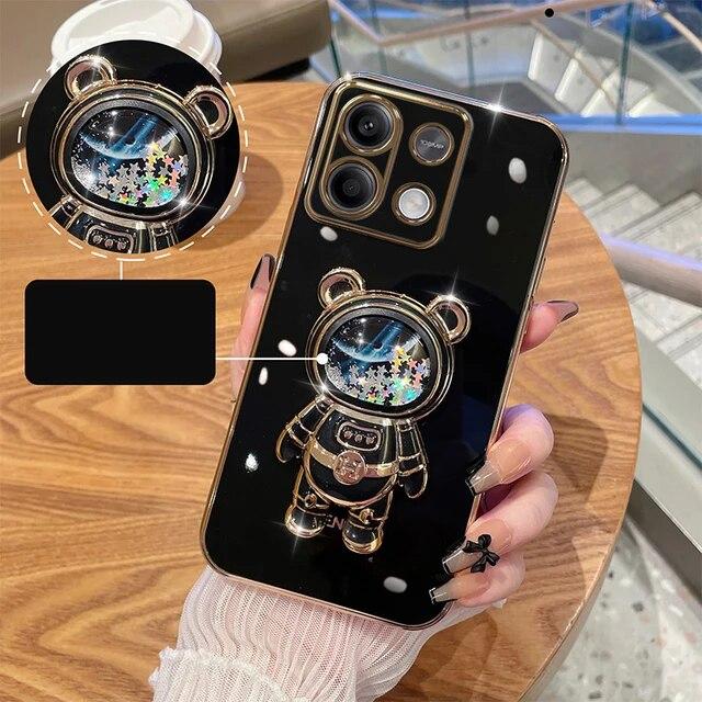 Чехол с 3D зыбучим песком и космическим медведем для Redmi Note 13 4G 5G, гальванический мягкий силиконовый милый чехол-кронштейн для Xiaomi Redmi Note 13 Pro Plus 12 Pro 11 10