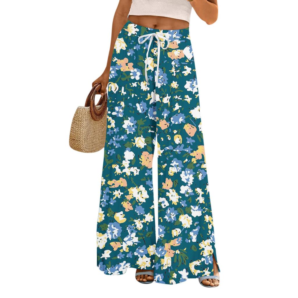Женские брюки с принтом и широкими штанинами, с карманами, с высокой талией, на кулиске, свободные, повседневные