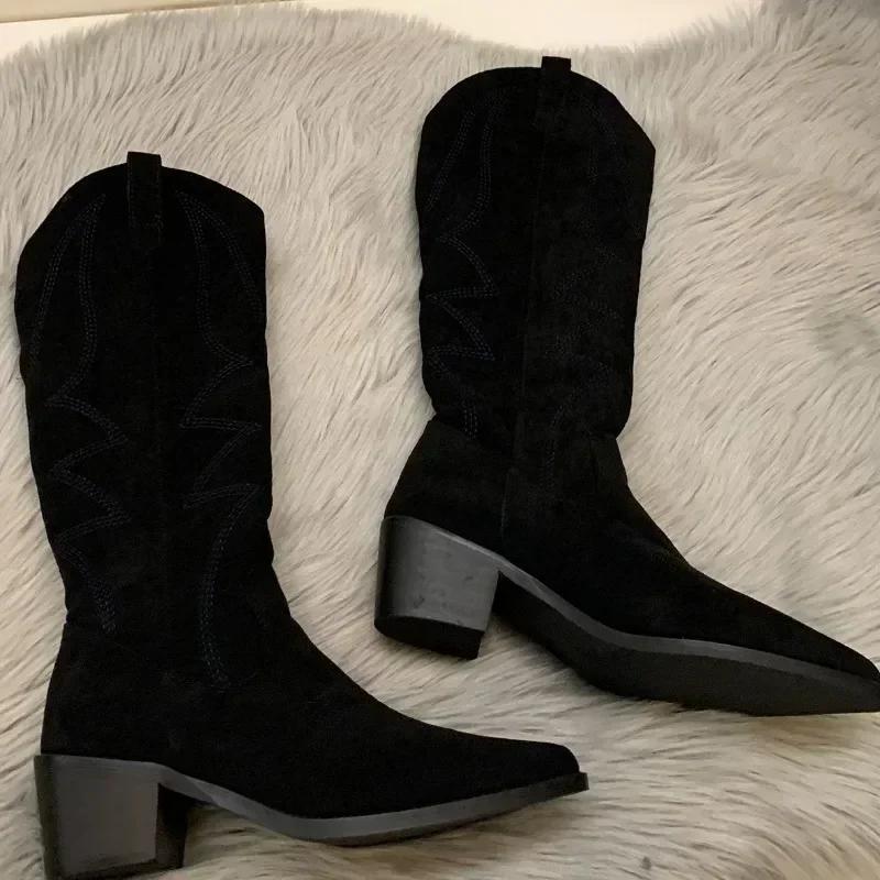 Модные женские ковбойские сапоги, модные квадратные сапоги на низком каблуке, элегантные женские длинные сапоги без застежек, зимняя обувь с острым носком для женщин