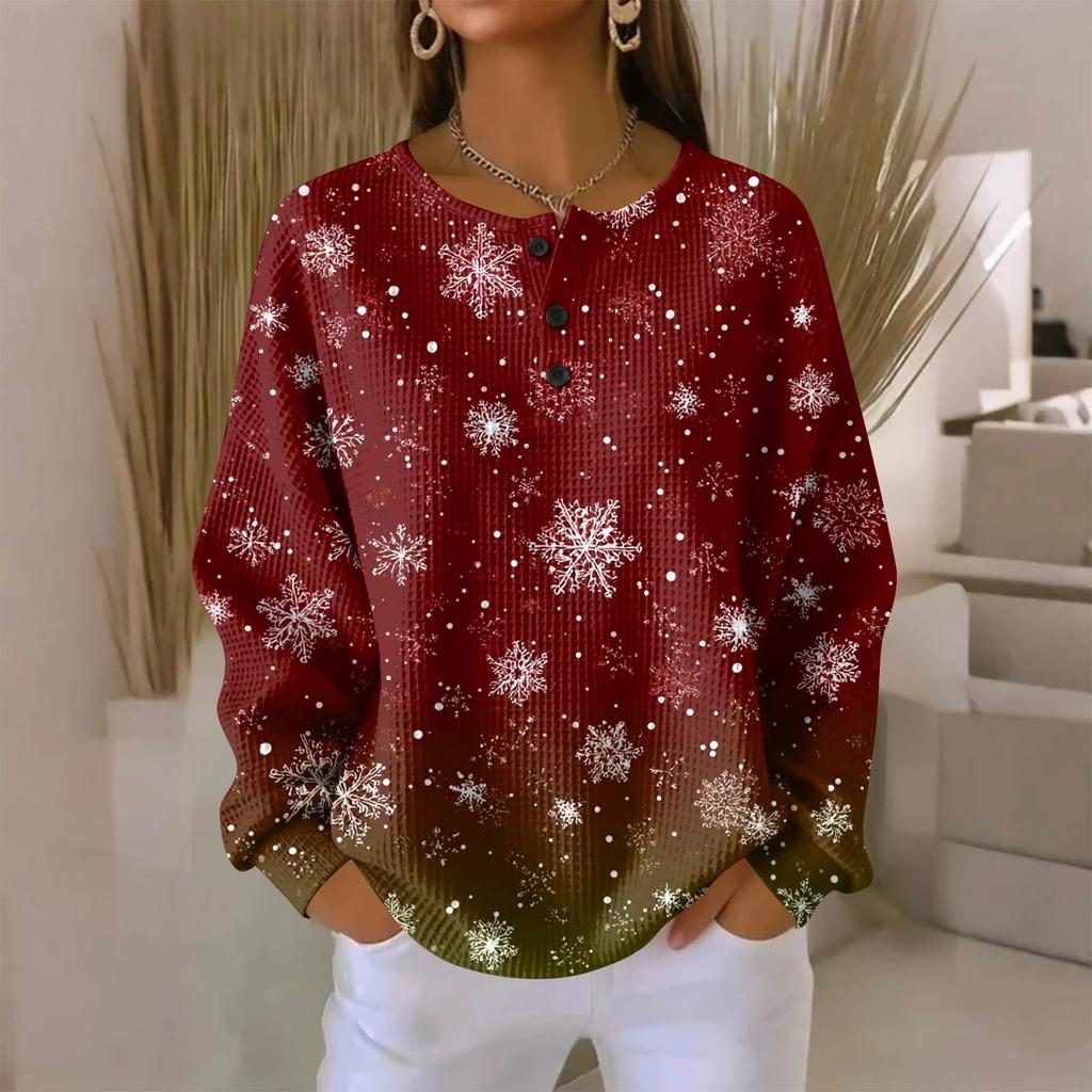 Women's Fashionable Casual Christmas Print V-Neck Long-Sleeved Button-Down Blouse
