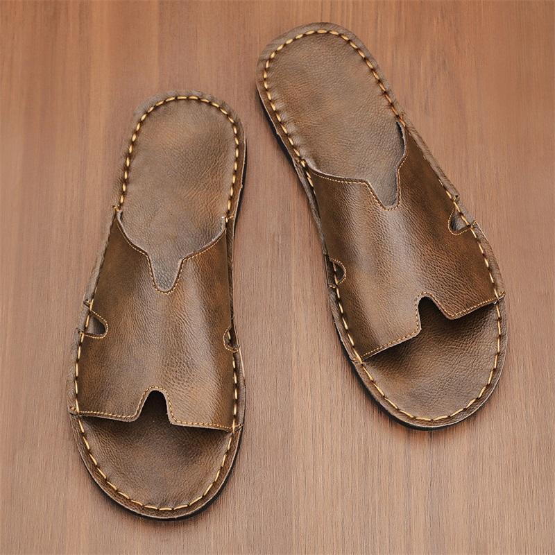 Men Slippers Handmade Simple Flats Sandals Outdoor Summer Brown Black Slide Slippers Open Toe Beach Shoes Plus Size