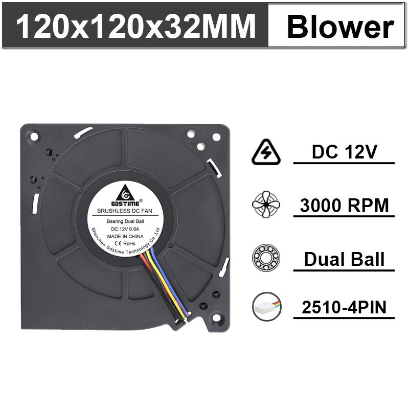 Gdstime 12032 DC 12V 4-контактный FG PWM Функция Двойной шарикоподшипник 120 мм 120x120x32 мм 12 см Центробежный турбинный вентилятор охлаждения