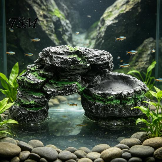 Aquarium Artificial Rock Cave Turtle Basking Platform, Reptiles Dock, Baby Tortoise Climbing Reptile Tank Habitat Ramp, Realistic Stone Hideout