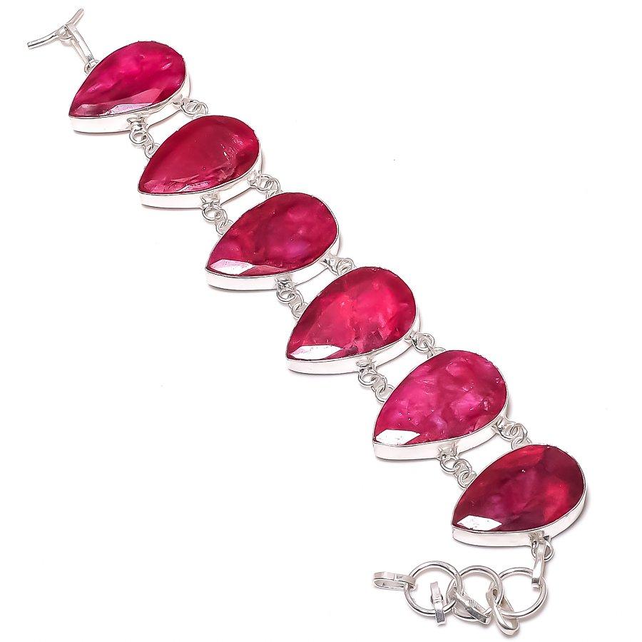Kashmir Red Ruby (Simulated) Gemstone 925 Sterling Silver Bracelet 7-8"