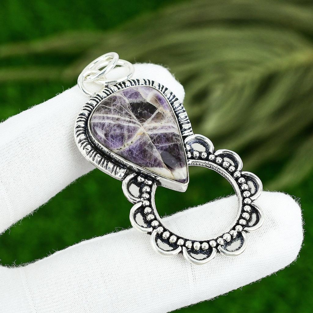 925 Sterling Silver Pear Chevron Amethyst Gemstone Wedding Bezel Pendant Jewelry