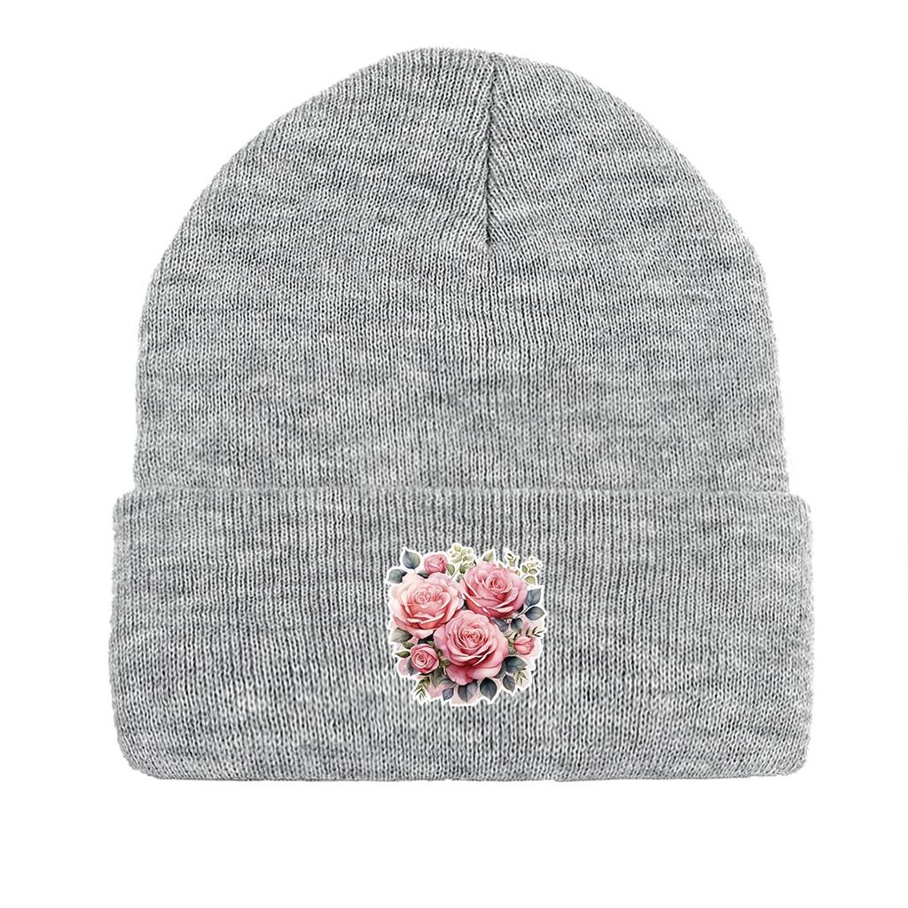 Теплая вязаная шапка с розовыми цветами, шапка-бини Skullies, универсальная ветрозащитная вязаная шапка для отдыха