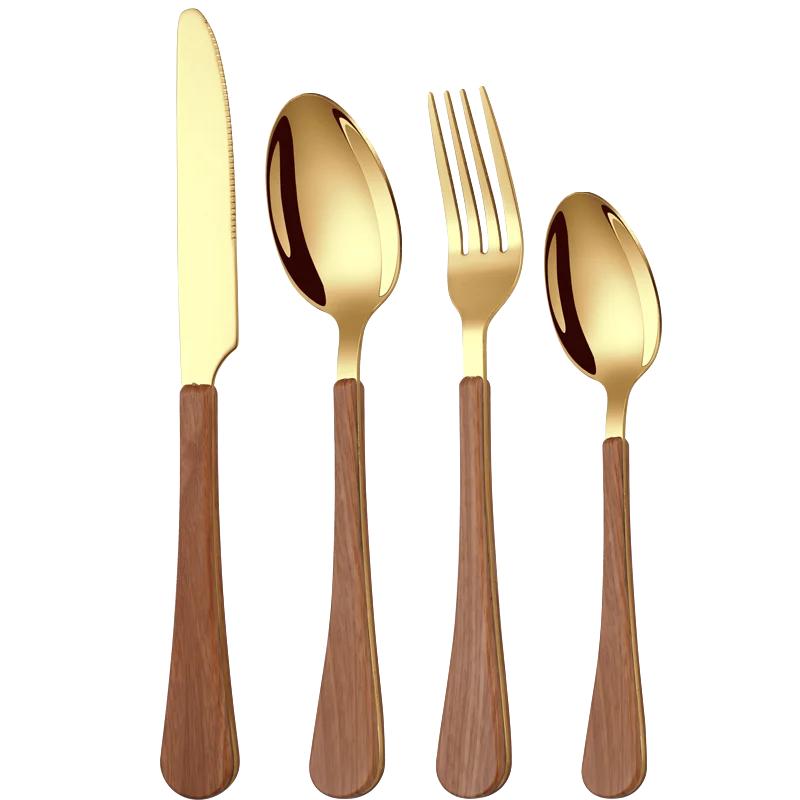 Нож и вилка из 4 предметов, чайная ложка из нержавеющей стали, имитация деревянной ручки, набор посуды в западном стиле, простая и продвинутая