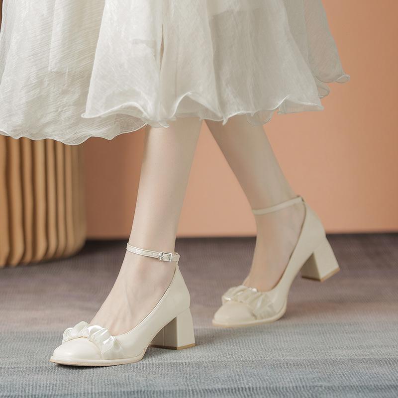 Leather flat for Huizhou women's shoes grape mother same high heels French new thick heel Mary Jane shoes women