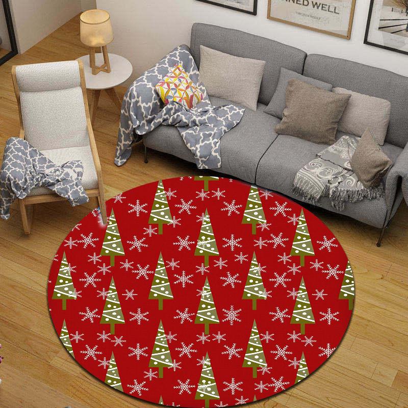 Round Area Carpet Christmas Green Tree White Snowflake Red Holiday Winter Nursery Decor