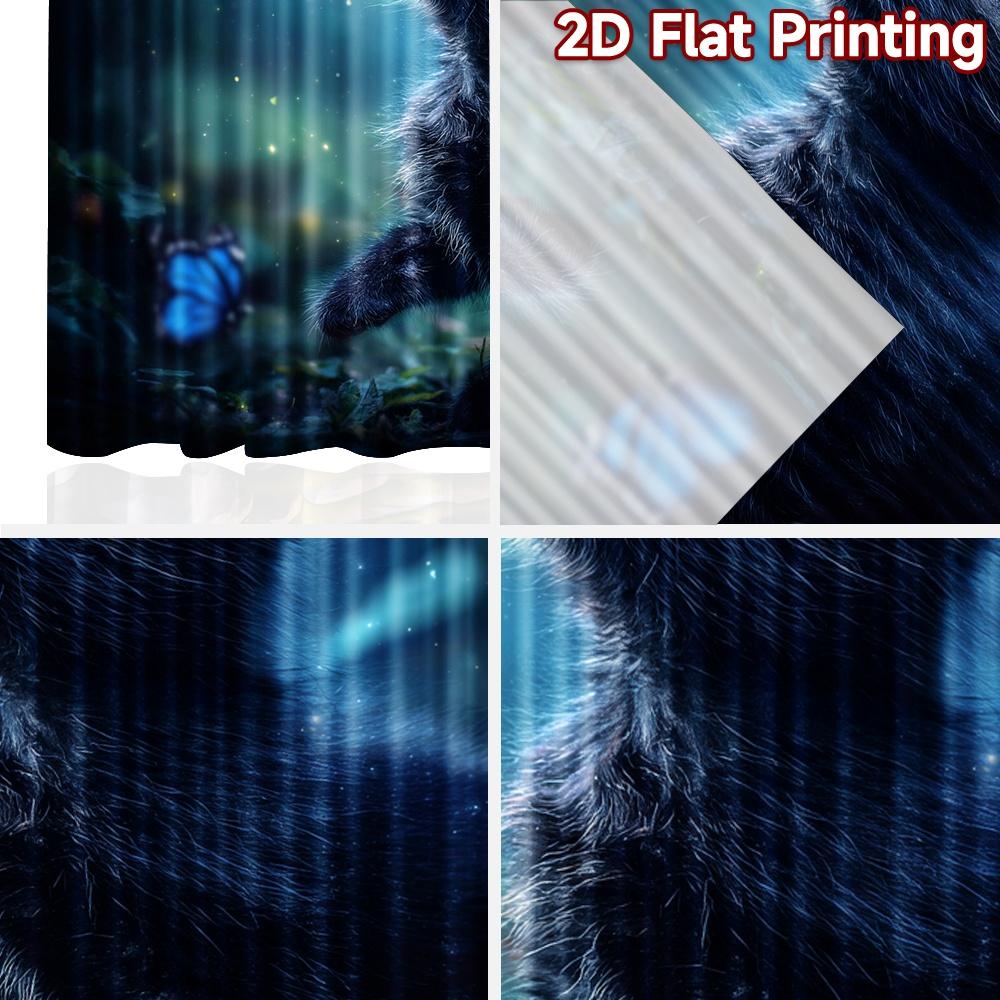 2D flat printing 2pcs Window Curtains Black cat blue butterfly fantasy Digital Printed Polyester Drapes Festive Holiday Perfect