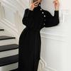 Women's Turtleneck Sweater Midi Dress Button High Neck Long Sleeve Dress Fall Ribbed Knit Long Dress with Belt