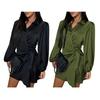 Women's Satin Shirt Dress V Neck Long Sleeve Wrap Dress Casual Tie Waist